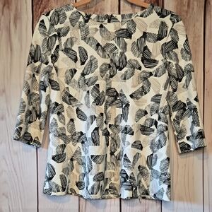Alfani Black Cream Beige & Navy Geomtetric Print 3/4 Sleeve Blouse Petite Small